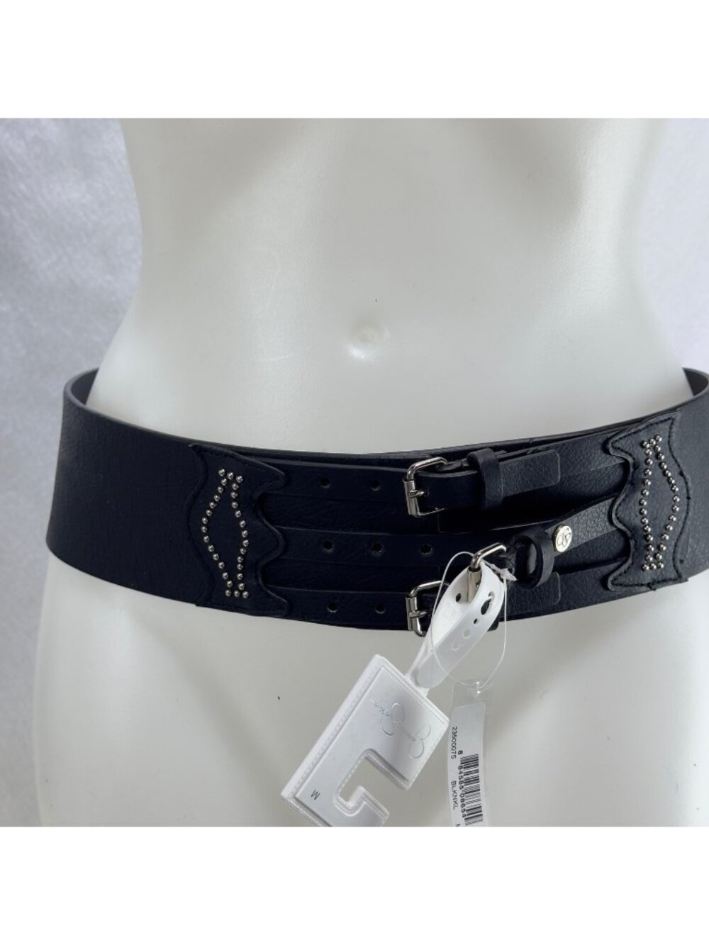 JESSICA SIMPSON Wide Black Faux Leather Belt Triple Buckle Studded Details Women